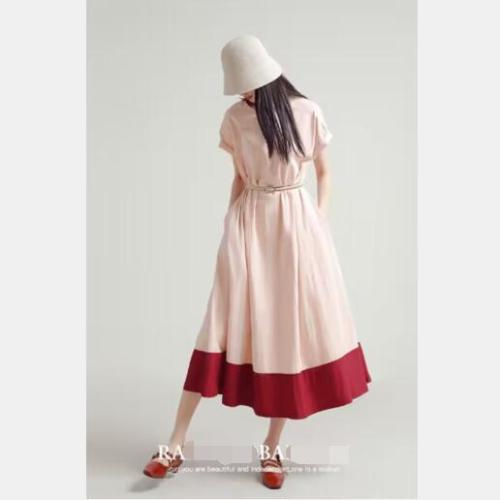 Rare probability pink mist sunset original design gentle temperament pink dress women's summer contrasting color splicing long skirt