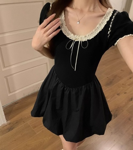 Wu 77 Sweet Girly Lace Round Neck Black Dress Women's Summer Puff Sleeve Slim Fit Puffy Long Skirt