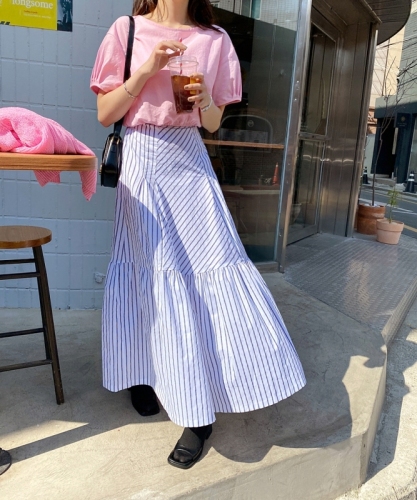 Summer Korean style niche design striped splicing high-waisted slim casual and versatile over-the-knee A-line skirt