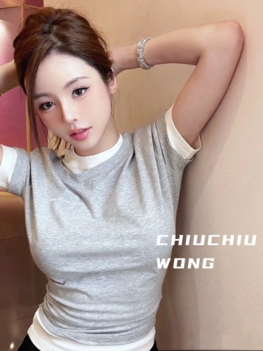 Wang Chou Chou 4/23 Niche design ANN double collar slim short-sleeved bottoming shirt versatile T-shirt for women Qin Lan same style