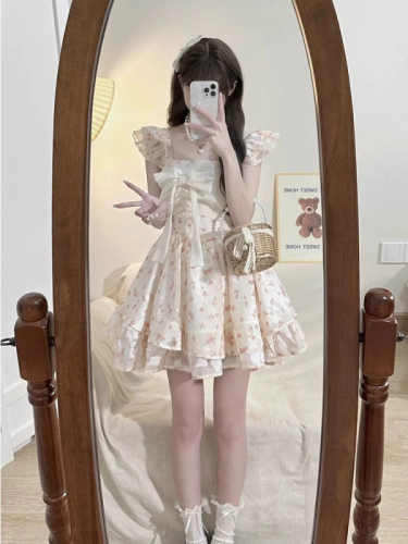 French sweet pure lust style small flying sleeves bow floral dress female petite fugitive princess tutu skirt summer