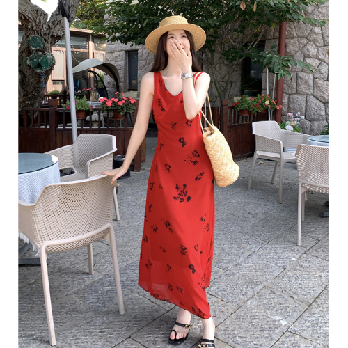 Wilderness Rose ~ Cool and romantic printed suspender skirt red bias cut drape dress vacation style long skirt summer