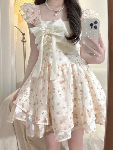 French sweet pure lust style small flying sleeves bow floral dress female petite fugitive princess tutu skirt summer