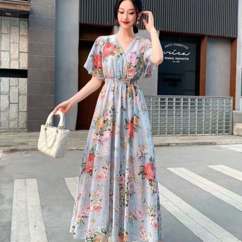 Skirt looks slimming 2024 summer new ins super fairy student V-neck forest style slim dress fairy skirt floral floral