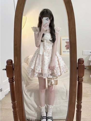 French sweet pure lust style small flying sleeves bow floral dress female petite fugitive princess tutu skirt summer