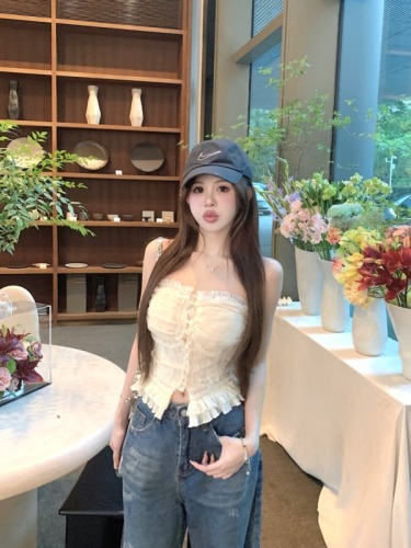 Real shot of daylight soft gauze one-shoulder lace tube top slimming slim sleeveless top heavy industry