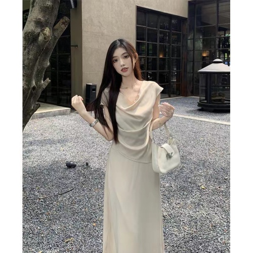 2024 Summer Wasteland Style Irregular Light Luxurious Satin Swing Collar Pleated Top High Waist Covered Hip Skirt Two-piece Set