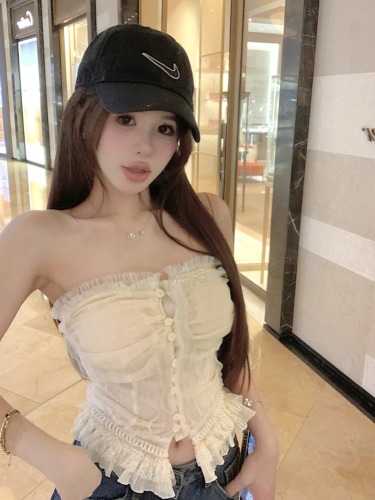 Real shot of daylight soft gauze one-shoulder lace tube top slimming slim sleeveless top heavy industry