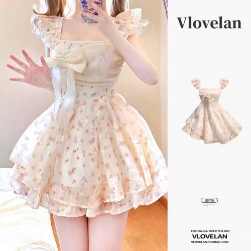 French square collar floral dress women's new summer design niche small flying sleeves bow princess tutu skirt