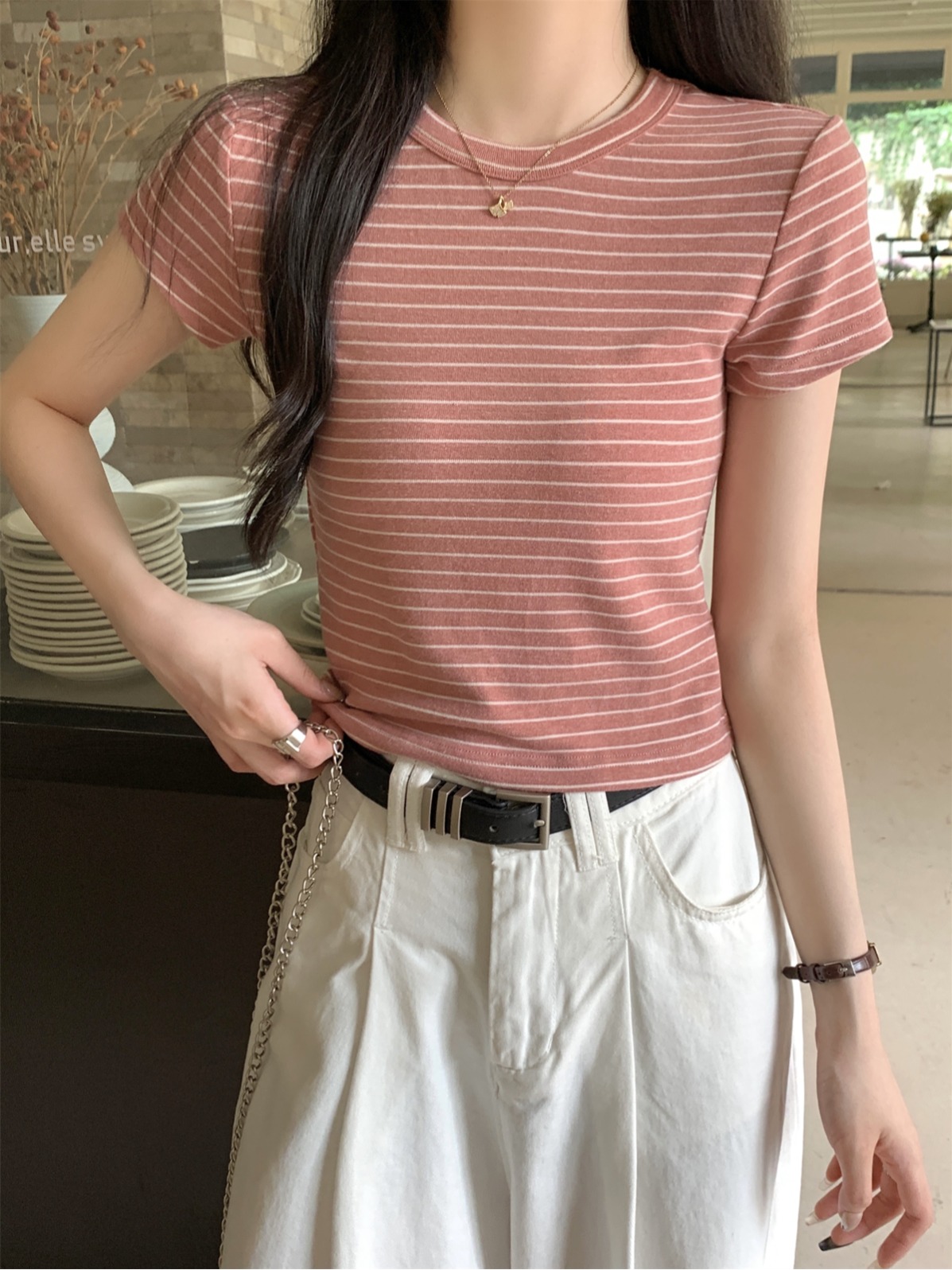 實拍 夏季韓版圓領正肩復古撞色條紋百搭純棉短袖T恤上衣女