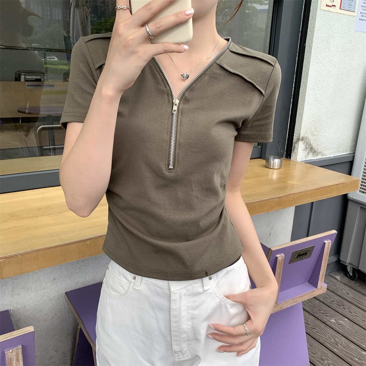 實拍 夏季韓版修身正肩拉鏈v領設計感純棉短袖T恤上衣女