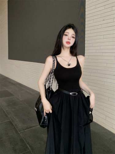 Real shot of black vest suspender dress super A cool patchwork waist sleeveless slim slim long skirt