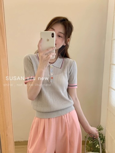 Summer new fashionable casual all-match Polo collar ice silk color buckle contrasting color sweater