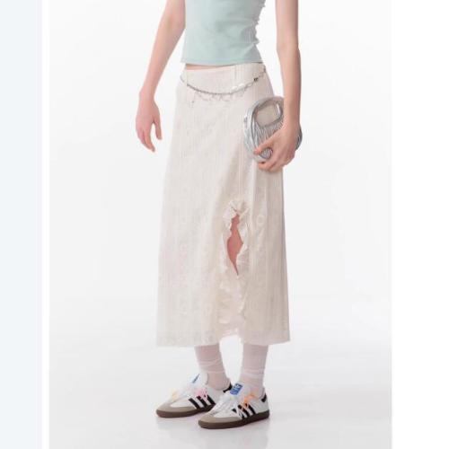 Summer American-style high-waist slim design apricot ruffled lace slit mid-length skirt for women