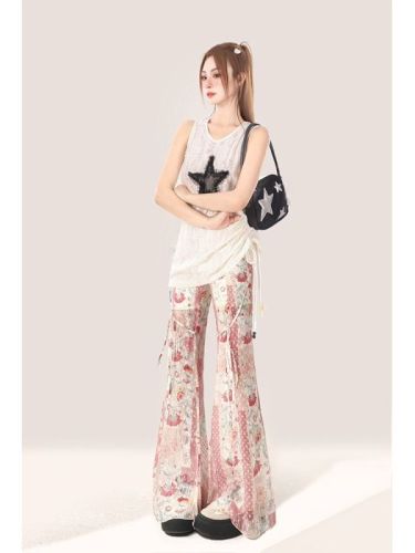 Sweet, fresh, floral, micro-flare casual pants, elastic waist, versatile trousers, slim, fashionable, wide-leg floor-length pants, trendy