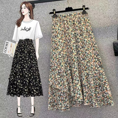 Plus size women's fashionable summer new style elastic waist chiffon floral skirt covers the crotch and looks slimming irregular A-line skirt