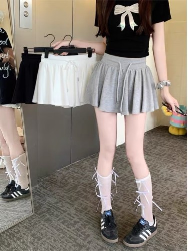 Ballet style drawstring casual culottes for women high-waisted A-line slimming versatile anti-exposure short skirt