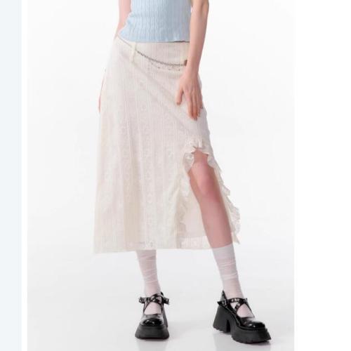 Summer American-style high-waist slim design apricot ruffled lace slit mid-length skirt for women