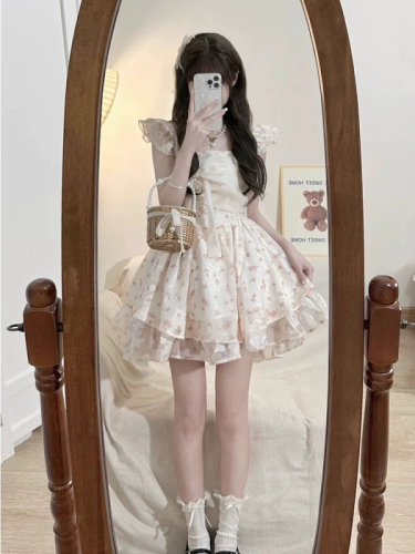 French sweet pure lust style small flying sleeves bow floral dress female petite fugitive princess tutu skirt summer