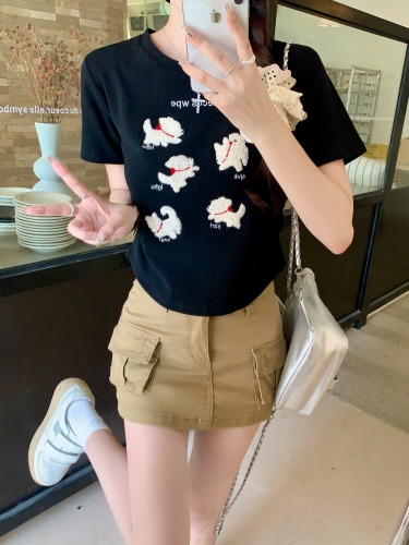 Real shot 1*1 threaded 210g short-sleeved T-shirt summer trend embroidered right shoulder slim short round neck top for women