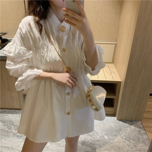 Real shot ~ Hong Kong style retro pleated mid-length shirt skirt top temperament short-sleeved dress