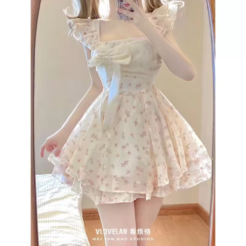 French square collar floral dress women's new summer design niche small flying sleeves bow princess tutu skirt