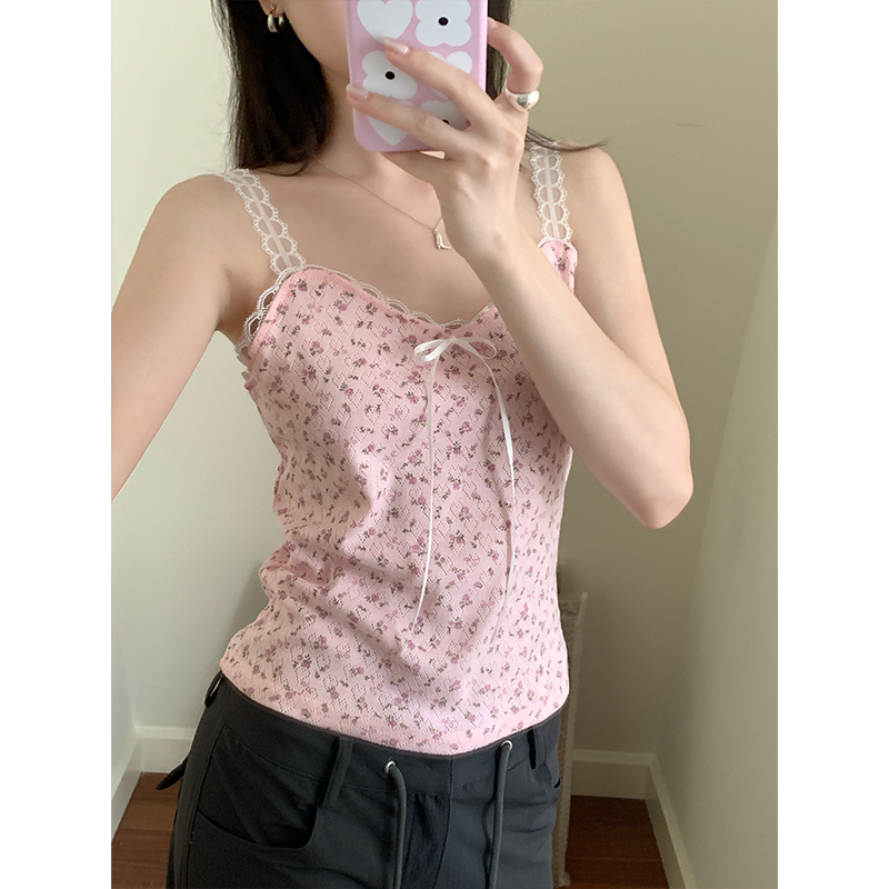 Real shot of pure desire v-neck lace-up lace suspenders for women 2024 new love slightly see-through inner top