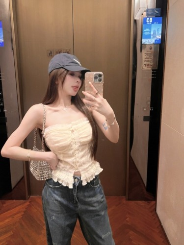 Real shot of daylight soft gauze one-shoulder lace tube top slimming slim sleeveless top heavy industry