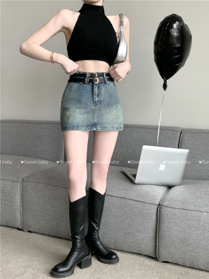 Real shot!  Sweet and cool retro high-waist hip-covering short skirt for hot girls to look slim and versatile denim skirt trendy