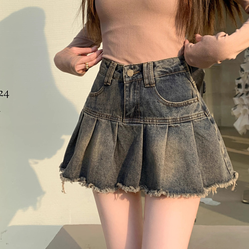 Retro Distressed Denim Half-Body Skirt for Women - Summer New Arrival, Washed and Vintage Design, High-Waisted to Cover Hips, Slimming Pleated Mini Skirt