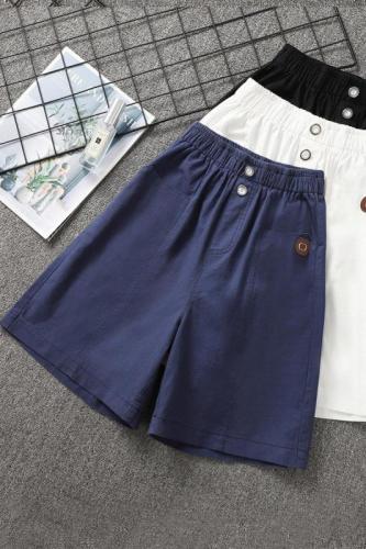 Actual shot of new summer elastic waist loose elastic cotton and linen thin large size five-point women's pants fat MM Korean version linen mid-length pants