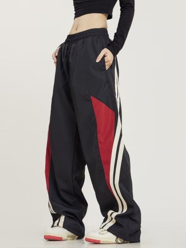 American retro hip-hop side striped color-blocked sweatpants for men and women in spring and autumn straight loose wide-leg pants for the high street