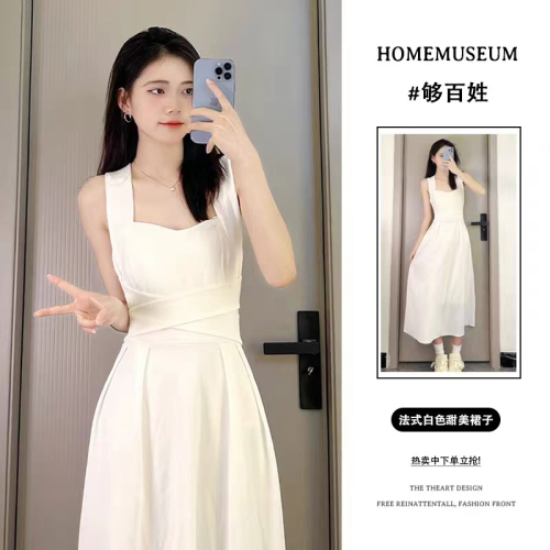 French temperament white dress for women summer new style cross strap high-end niche suspender waist slim long skirt