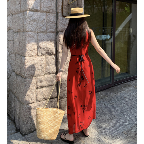 Wilderness Rose ~ Cool and romantic printed suspender skirt red bias cut drape dress vacation style long skirt summer