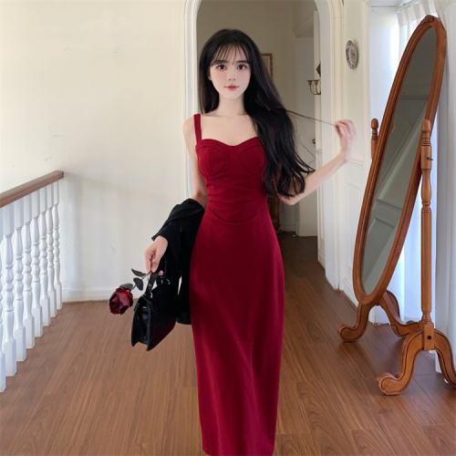 French gentle lady style red dress, elegant long skirt, waist slimming suspender skirt