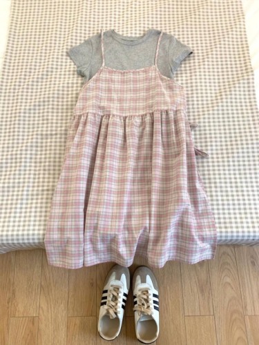 Dopamine sweet girl style ~ plaid suspender skirt for women summer new Japanese style waist slimming mid-length A-line princess skirt