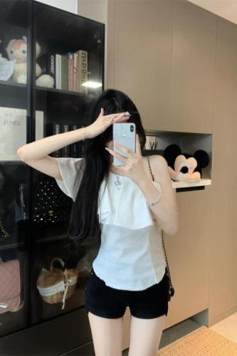 Real shot of slanted shoulder asymmetrical design shirt for women, summer collarbone ruffled top