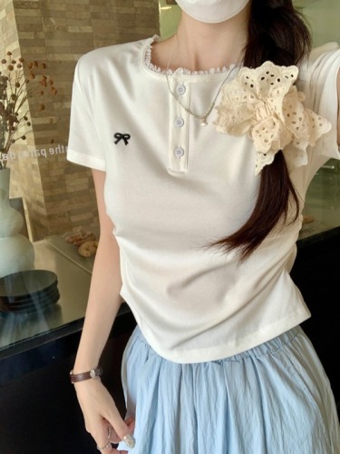 Real shot 210g threaded short-sleeved T-shirt summer trend embroidered shoulder slim short round neck top Korean style women's clothing