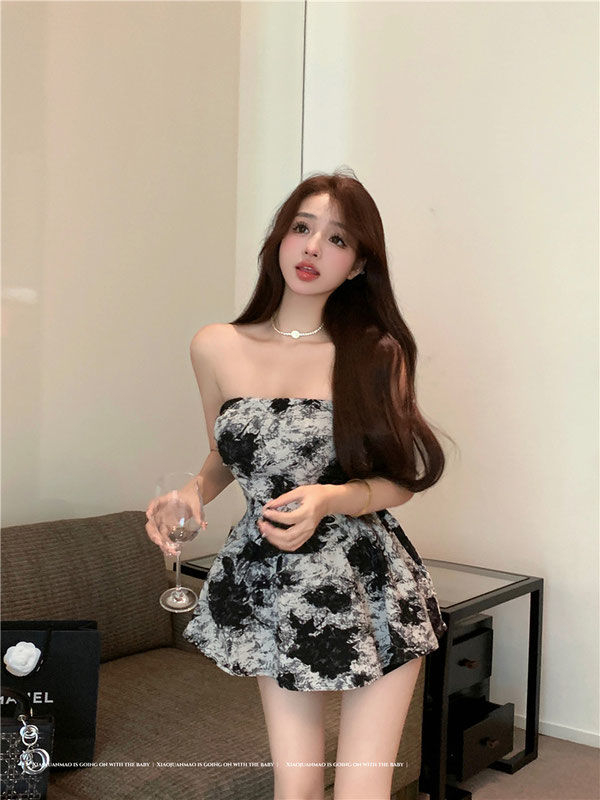 Ink painting tie-dye tube top dress women's summer waist-cinching skirt high-end one-shoulder pure lust style a-line skirt