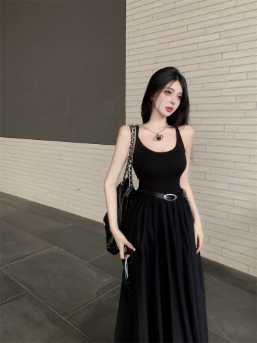 Real shot of black vest suspender dress super A cool patchwork waist sleeveless slim slim long skirt