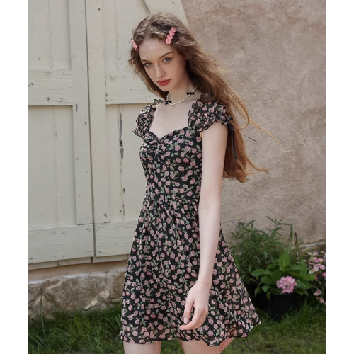 Dress 2024 New Forest Floral Fairy Dress Waist Slimming Short Skirt Women Summer