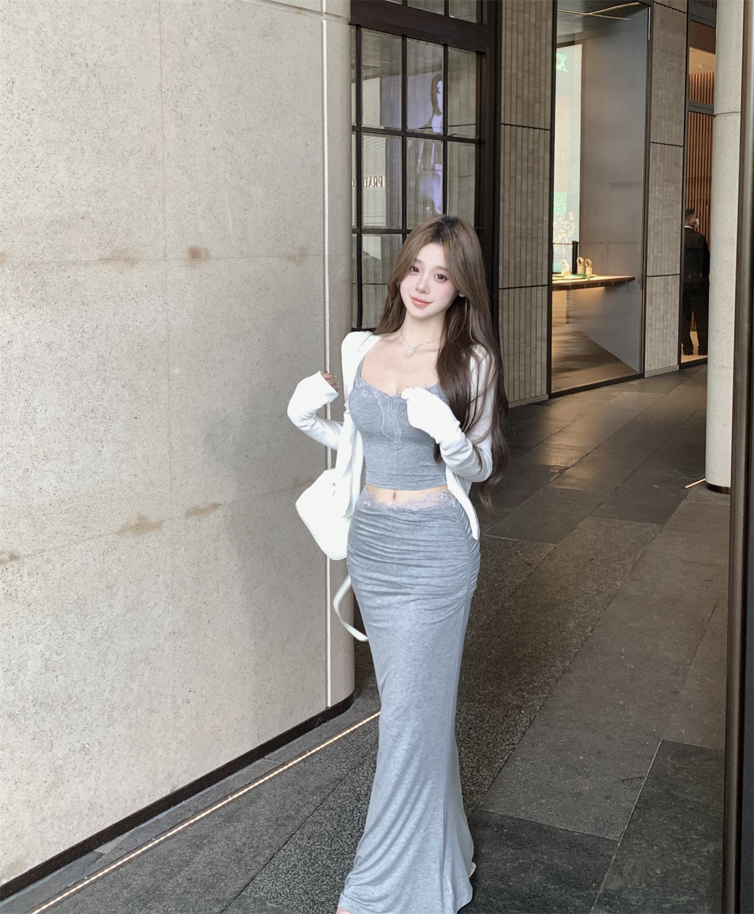 Summer girly lace camisole hip-covering fishtail skirt suit