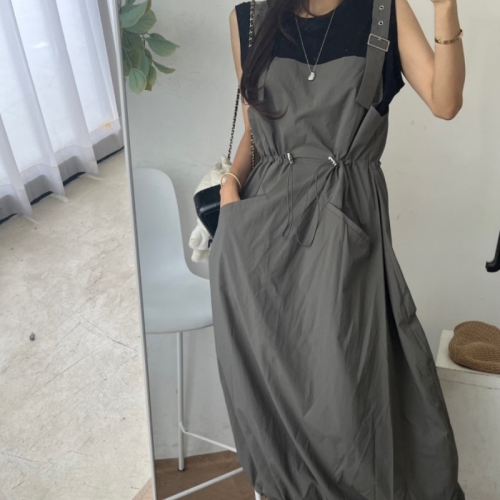 Trendy summer simple drawstring waist suspender dress