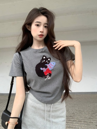 Real shot 1*1 threaded 210g short-sleeved T-shirt summer trend printed shoulder slim short round neck top for women