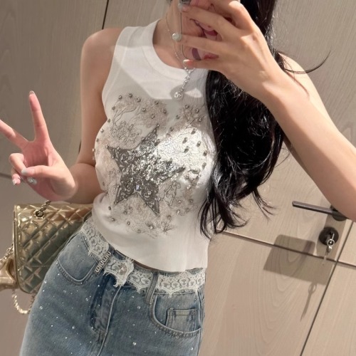 Tmall quality 2024 summer new niche design diamond embroidered five-pointed star vest base layer for women