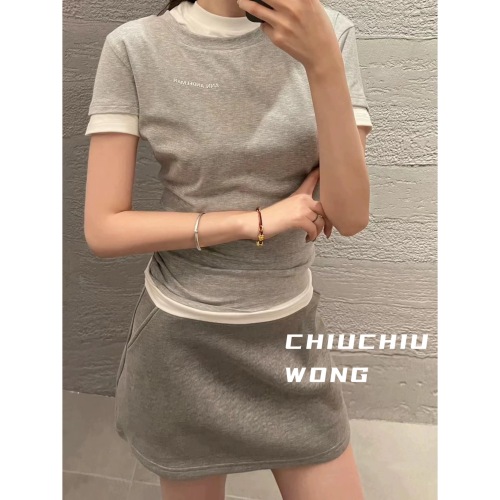 Wang Chou Chou 4/23 Niche design ANN double collar slim short-sleeved bottoming shirt versatile T-shirt for women Qin Lan same style