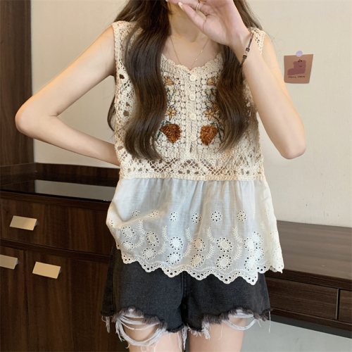 Actual shot ~ Summer new retro versatile loose crochet patchwork suspender top for women