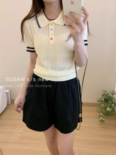 Summer new fashionable casual all-match Polo collar ice silk color buckle contrasting color sweater