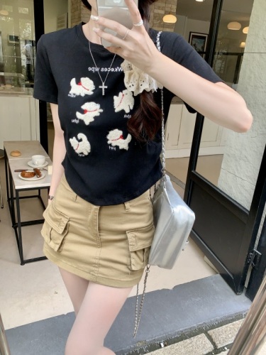 Real shot 1*1 threaded 210g short-sleeved T-shirt summer trend embroidered right shoulder slim short round neck top for women