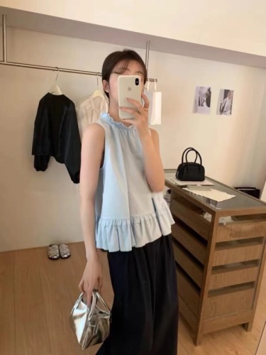 2024 new summer Korean style sweet fungus solid color simple fashion casual versatile pullover vest small shirt for women